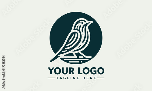 Simple bird line drawing enclosed in circular emblem standing calmly on natural surface. Nature concept
