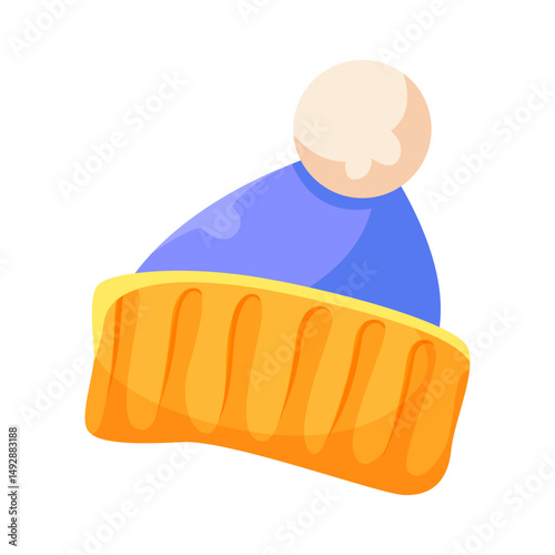 Warm winter beanie hat with a soft pompom, flat cartoon style, isolated on white background. Concept of cold weather clothing. Vector illustration