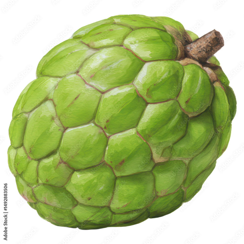 Fototapeta premium Close-up View of a Fresh Green Cherimoya with Textured Surface, isolated on transparent background.