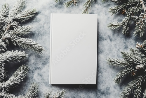 Wallpaper Mural A blank white book cover centered on a mottled grey surface, surrounded by snow-dusted evergreen branches forming a frame Torontodigital.ca