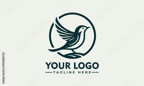 Simple bird line drawing enclosed in circular emblem standing calmly on natural surface. Nature concept
