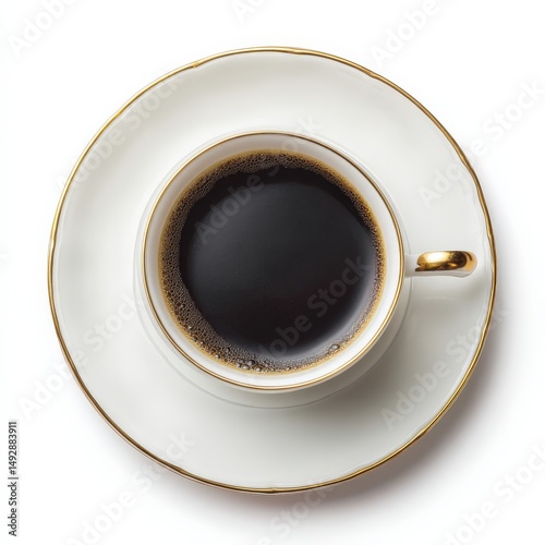 Overhead view of a cup of black coffee on a saucer. The elegant porcelain cup features a gold rim.