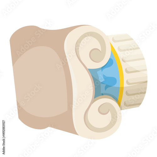Decorative Ionic column capital in ancient Greek style with volutes and blue accent, flat style on white background. Concept of architecture. Vector illustration