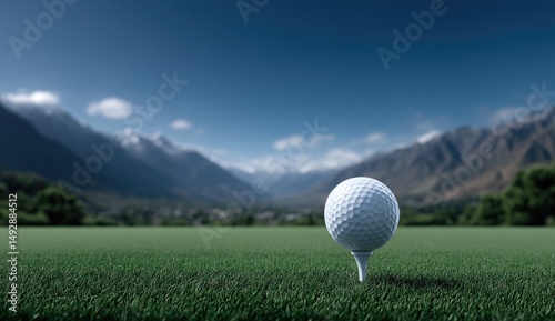 Golf Ball on Tee in Green Field with Mountain Scenery and Blue Sky in the Background Under Bright Sunlight Perfect for Summer Holiday Relaxation