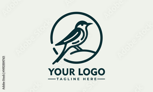 Simple bird line drawing enclosed in circular emblem standing calmly on natural surface. Nature concept
