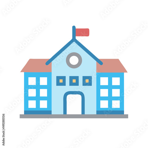 Illustration of a modern school building with flag