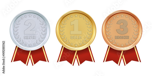 Realistic Award Medals Set – Gold, Silver, and Bronze Winner Badges for First, Second, and Third Place Victory or Trophy Ceremony. Vector.