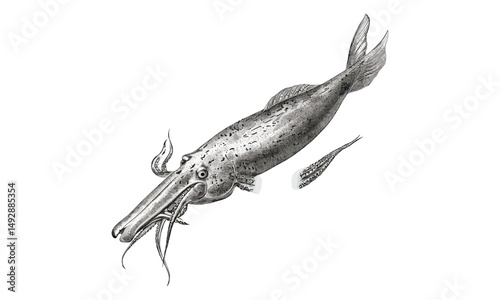 Vintage Squid Illustration, Rustic Sea Life Sketch, Antique Hand-drawn Marine Art, Old Engraving Style Print, Monochrome Ocean Wildlife, Nautical Creature Drawing, Black and White Art