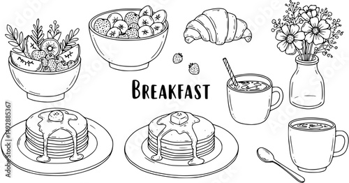 Hand drawn outline dining doodles. Breakfast food. Cup of coffee, flower in vase. Art for greeting cards, wedding invitations
