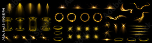 Light sparkle in dark sky with motion ray and goldshine halo using orange sunbeam effect and gleam energy power for hot sunshine abstract background and special vector glory element

