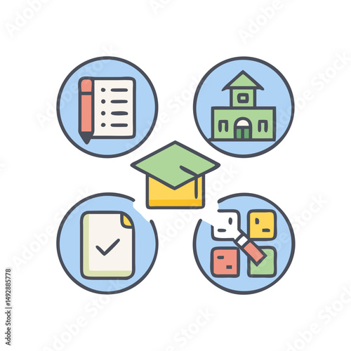Education icons in circular frames representing learning process