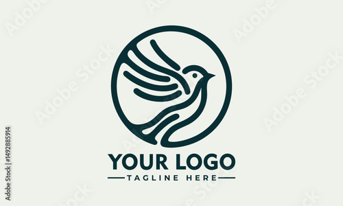Simple bird line drawing enclosed in circular emblem standing calmly on natural surface. Nature concept
