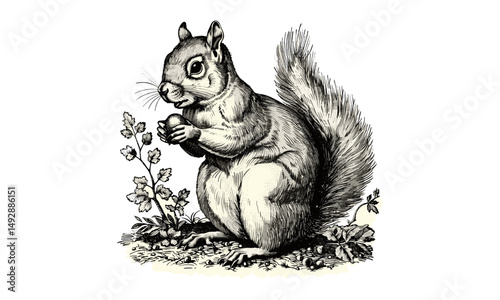 Vintage Squirrel Illustration, Antique Engraving, Rustic Fauna Drawing, Black Line Wildlife Sketch, Monochrome Nature Etching, Old Style Mammal Print, forest animal art