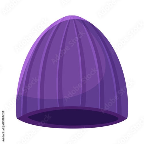 Purple wool beanie hat with ribbed texture in cartoon style on white background. Concept of winter clothing and fashion. Vector illustration
