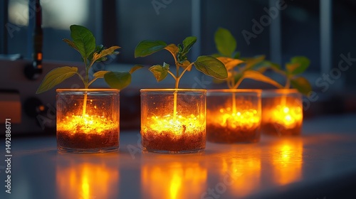 Glow of seedlings in transparent containers with golden soil under soft lighting