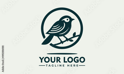 Simple bird line drawing enclosed in circular emblem standing calmly on natural surface. Nature concept

