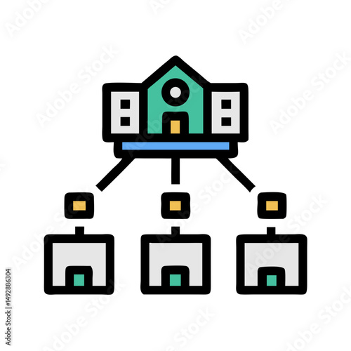 Office building and hierarchical structure illustration on White backdrop