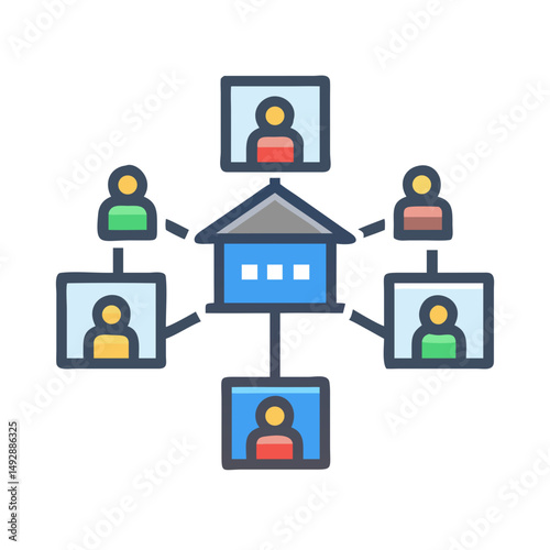 House with people network diagram, flat vector illustration