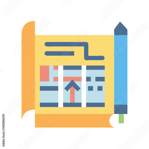 Blueprint with pencil, construction plan design flat vector illustration