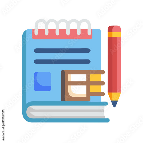 Stylized illustration of a notebook book and pencil