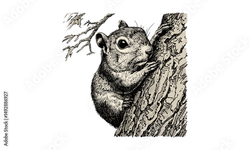 Antique Squirrel Line Art in Tree, Vintage Nature Engraving, Black Ink Wildlife Illustration, Rustic Animal Drawing, Retro Forest Sketch, hand drawn squirrel artwork