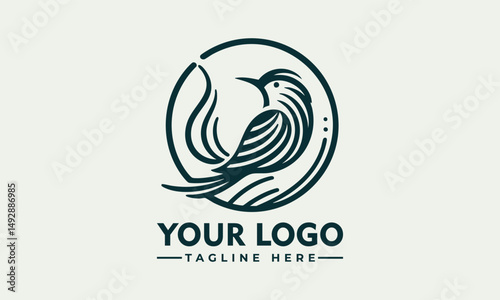 Simple bird line drawing enclosed in circular emblem standing calmly on natural surface. Nature concept
