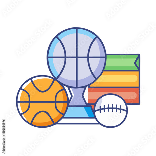 Sports equipment icons with books flat color design style