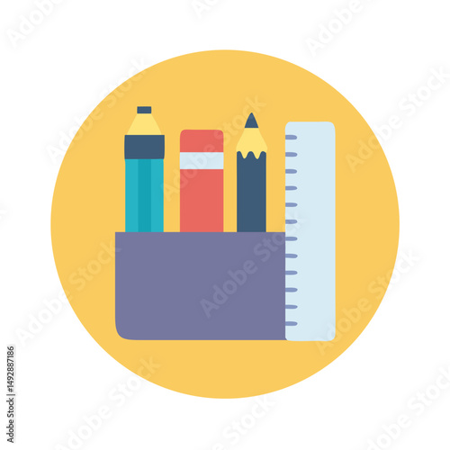 Flat illustration of school supplies in a holder