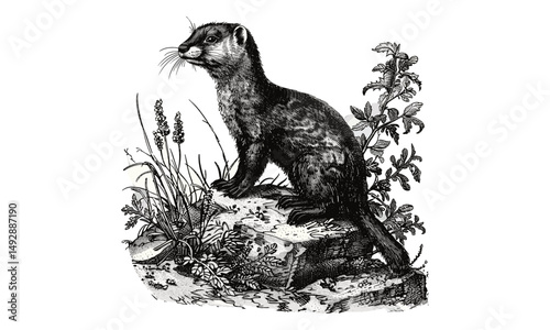 Vintage Stoat Etching in Winter Coat, Hand-Drawn Rustic Wildlife Sketch, Retro Mammal Illustration, Monochrome Forest Artwork, antique style, woodland creature drawing