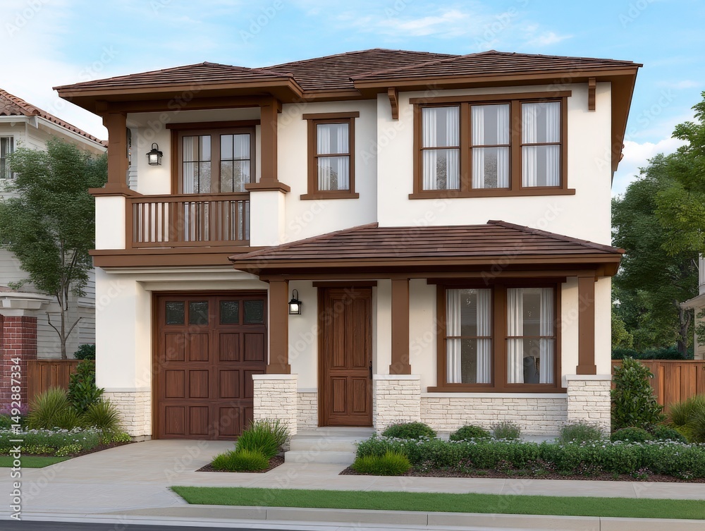 Fototapeta premium Beautiful modern two-story house featuring elegant architectural design, large windows, inviting porch, lush landscaping, and a welcoming atmosphere perfect for families or individuals seeking