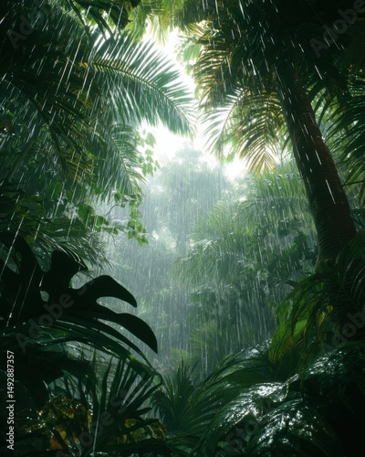 Lush tropical rainforest during heavy rainfall low angle view showcasing dense foliage and vibrant green colors creating a serene natural scene