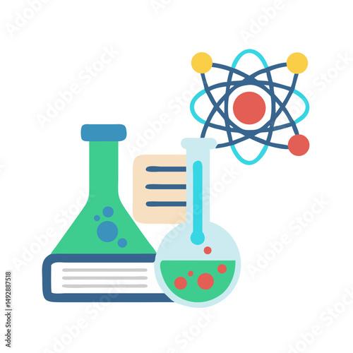 Science themed flat illustration with molecule, book, flasks