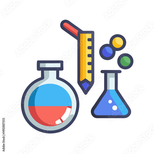 Colorful science lab equipment arranged on a black backdrop
