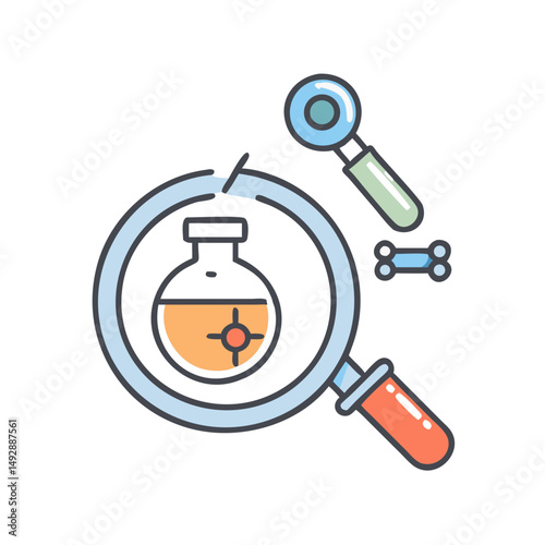 Science research tools with magnifying glass on White Background