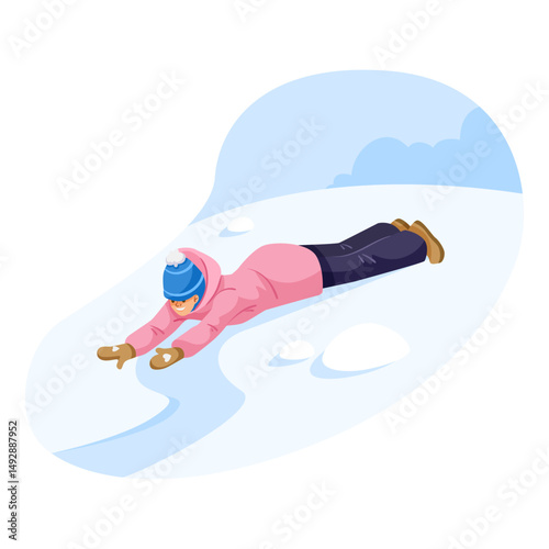 Child in pink jacket and blue hat sliding on snowy hill, cartoon style, on white background. Concept of winter fun. Vector illustration