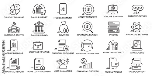 A set of line icons depicting various financial services, including banking, mobile payments, investments, and security features. Clean design, simple style.