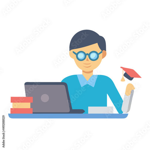 Student Celebrating Graduation with Laptop and Books Flat Design