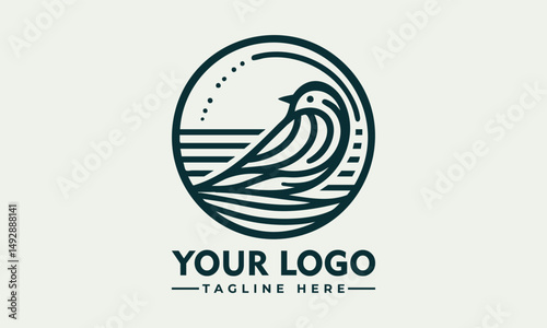 Simple bird line drawing enclosed in circular emblem standing calmly on natural surface. Nature concept
