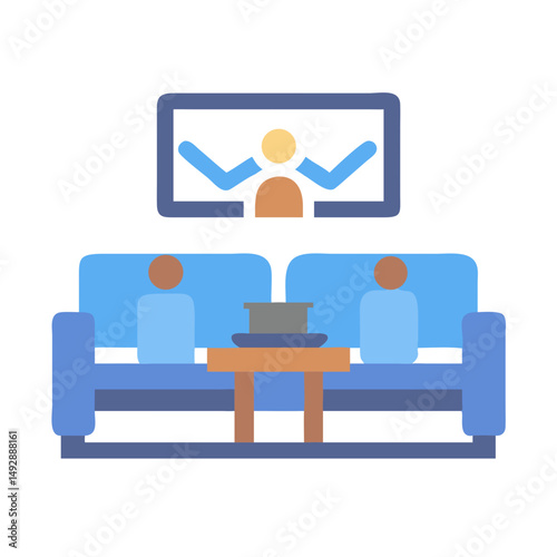 People watching television show sitting on the couch, illustration