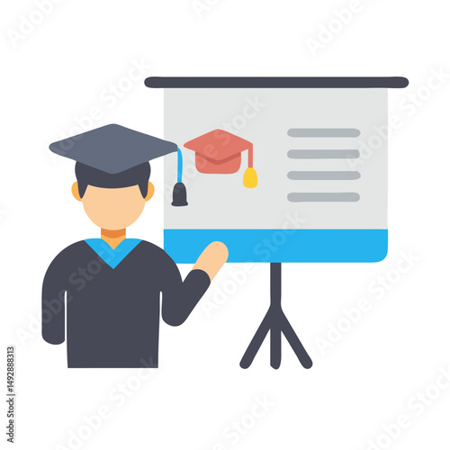 Graduate student presenting graduation cap concept on presentation board