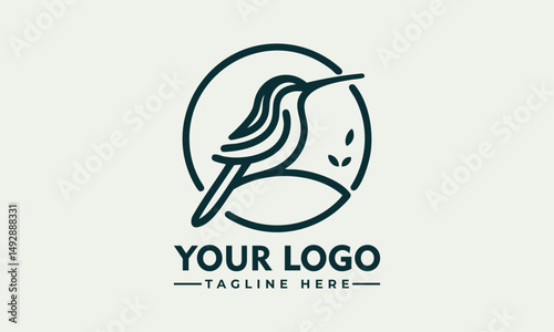 Simple bird line drawing enclosed in circular emblem standing calmly on natural surface. Nature concept
