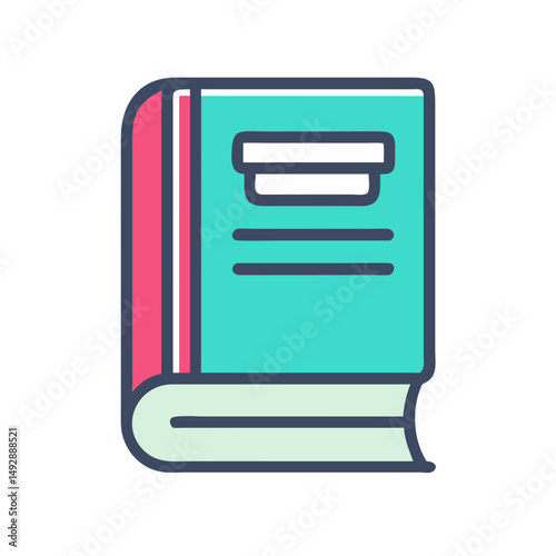 Stylized book icon featuring teal cover and pink spine
