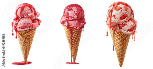 Strawberry ice cream in a cone with strawberry sauce dripping down, transparent background