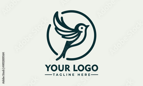 Simple bird line drawing enclosed in circular emblem standing calmly on natural surface. Nature concept
