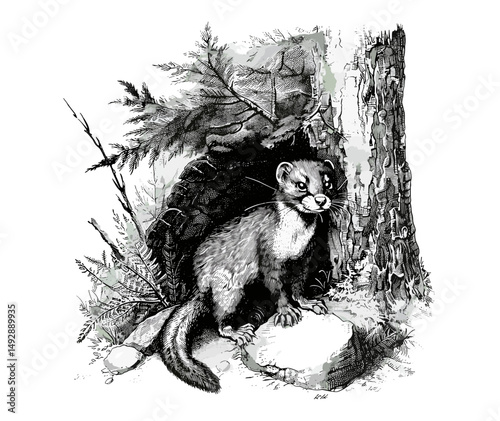 Vintage Etching of Weasel Hunting, Retro Style Hand-drawn Wildlife Sketch, Black and White Mammal Drawing, Rustic Forest Scene, Antique Monochrome Illustration