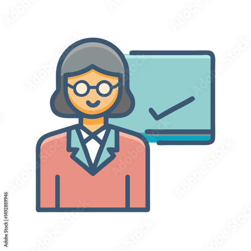 Teacher with presentation board and checkmark icon illustration