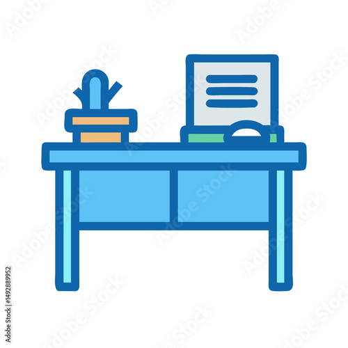 Stylized office desk with plant and documents icon design