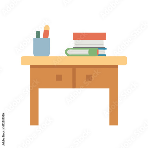 Illustration of a desk with books and office supplies