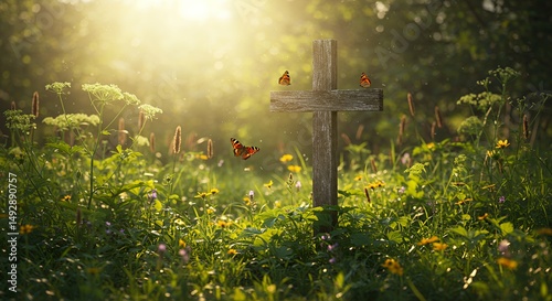 Wooden Cross in Meadow with Butterflies
