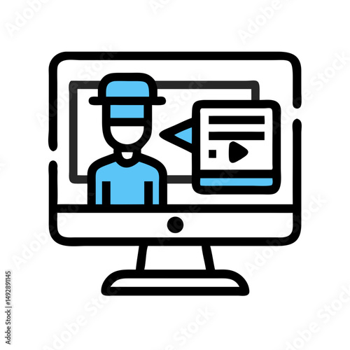 Stylized presenter icon with chalkboard background in blue tones